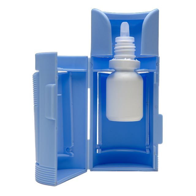 open opticare product showing how to insert eye drop bottles